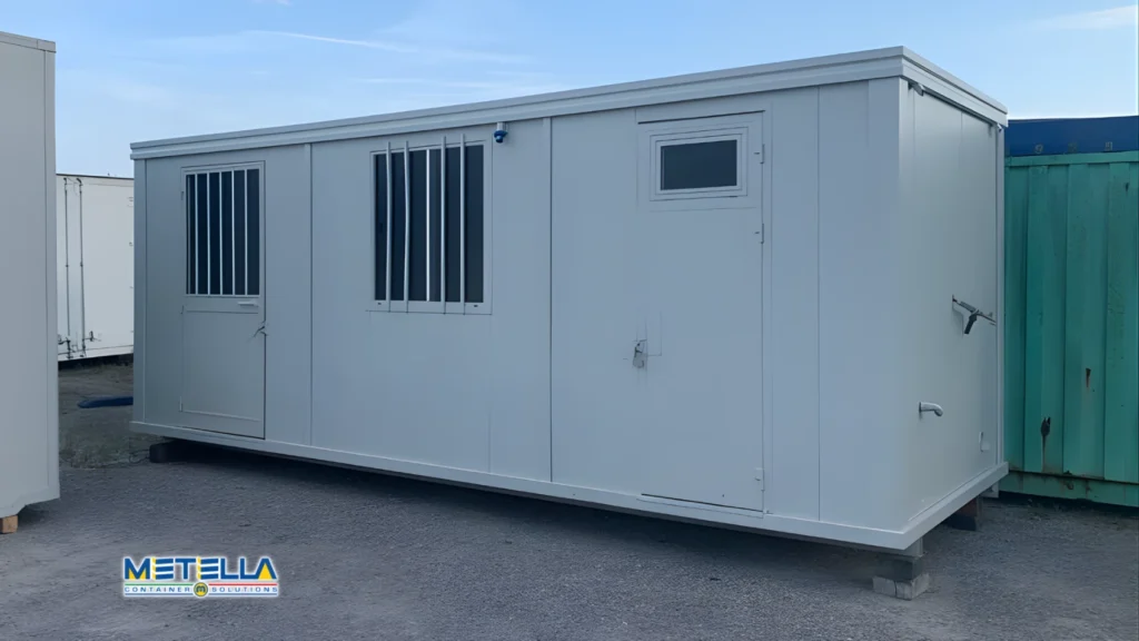 Modulo ufficio prefabbricato chiuso con griglie di aerazione laterali