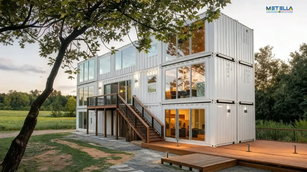 Residenza modulare realizzata con container impilati su tre livelli, con grandi finestre panoramiche e una scala esterna in legno.